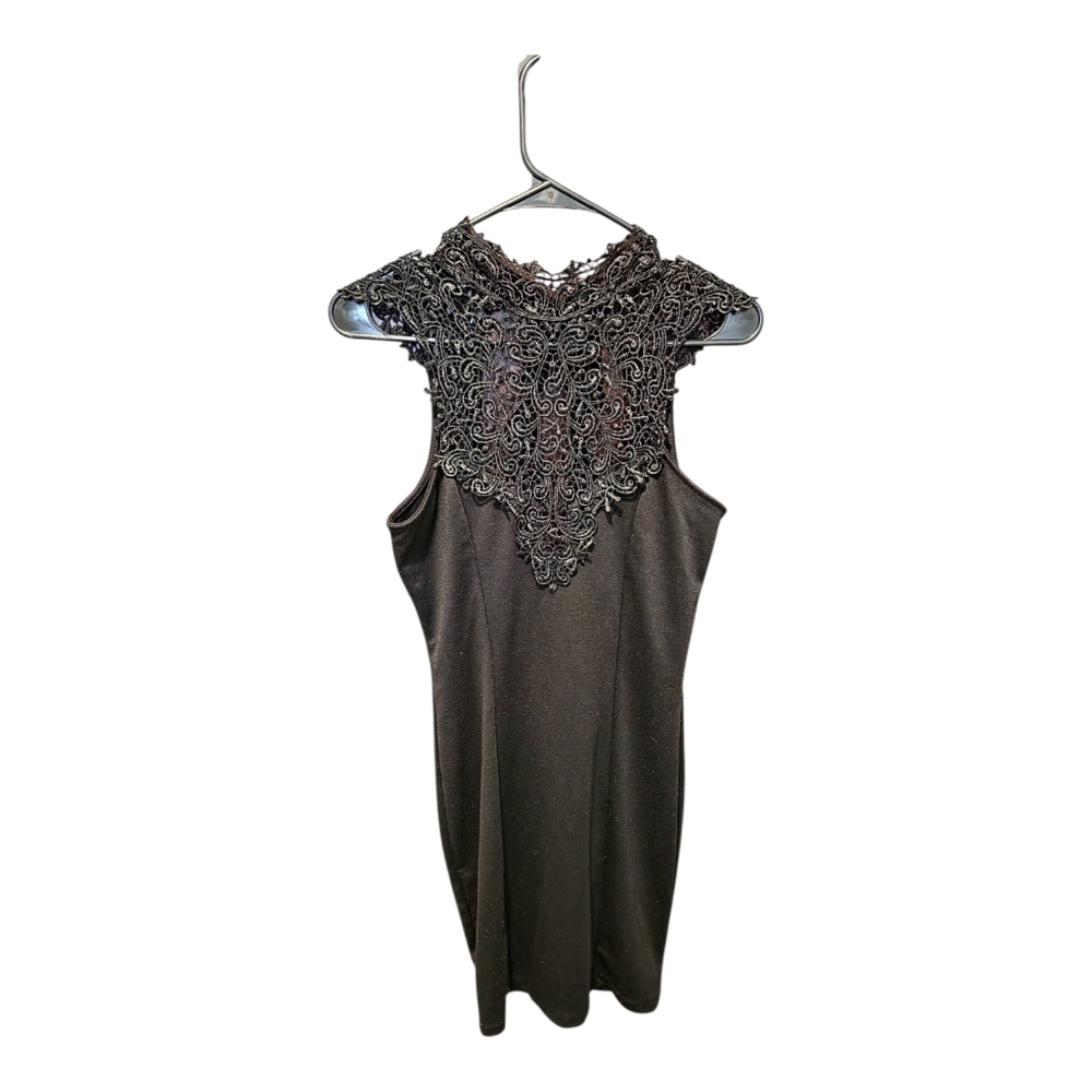 Lulus Black Sleeveless Lace High Neck Bodycon Mini Dress Dark Femme Size Large